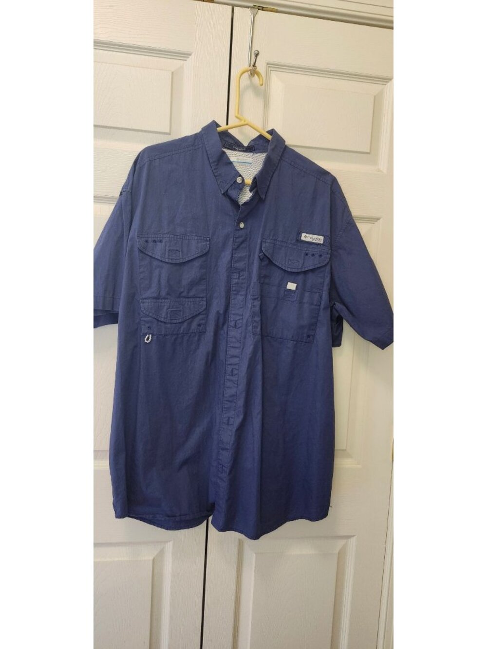 Men Columbia Blue PFG Bonehead Vented Short Sleeve Fishing Shirt Size XL